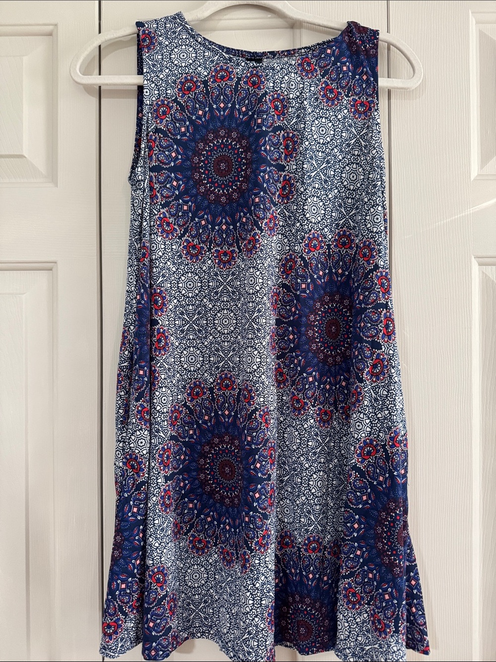 Agnes & Dora Navy Blue and White Medallion Sleeveless Swing Dress
